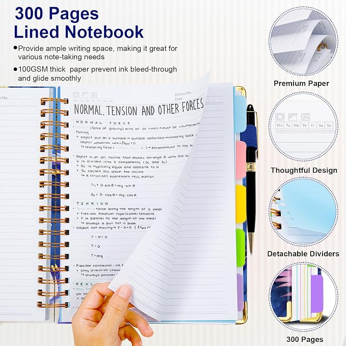 Spiral Journal Notebooks for Work, 300 Pages 5 Subject Notebook College Ruled with Dividers & Tabs, Notebook Journal for Women Students Note-Taking and Organizer (Tropical Monstera, 6.2''x 8.2'')