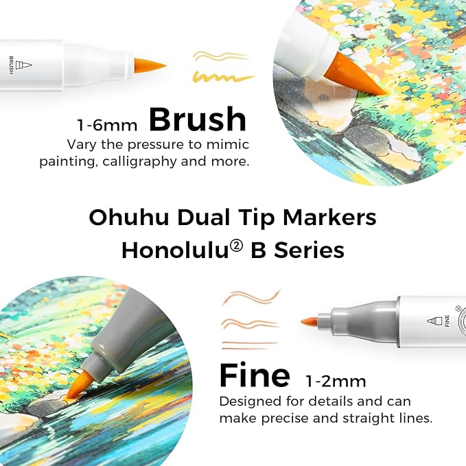 Ohuhu Alcohol Markers Brush Tip - 120-color AP Certificated Double Tipped Art Marker Set for Artist Adults Cozy Coloring Drawing Illustration - Brush and Fine Dual Tips - Honolulu 2B - Refillable
