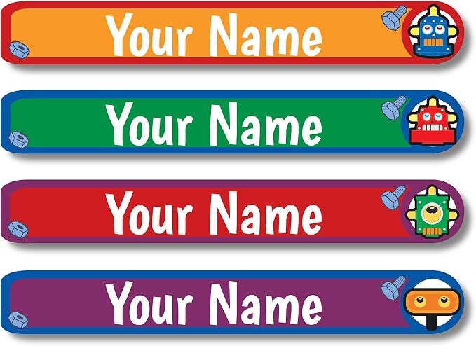 Lovable Labels Personalized Labels for Kids (120 Labels) - Waterproof Dishwasher Safe Peel and Stick Labels are Great for School Supplies Daycare Camp Bottles (Metal Men)