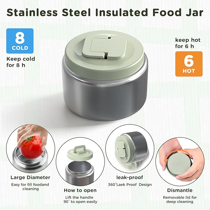 Stainless Steel Bento Lunch Box for Kids Adults with 8oz Insulated Food Jar, Leak-proof, Dishwasher-Safe, Transparent Lid with Sauce Cup and Cutlery Storage for School & Travel,BPA-Free(Green)