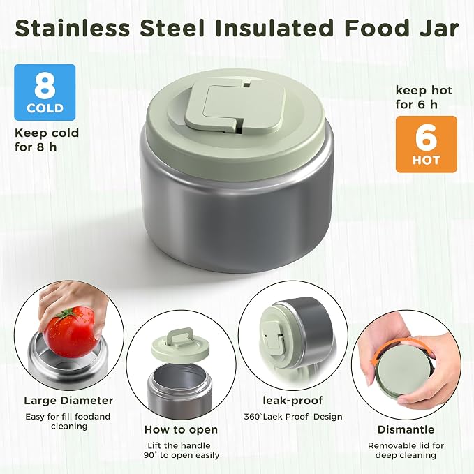 Stainless Steel Bento Lunch Box for Kids Adults with 8oz Insulated Food Jar, Leak-proof, Dishwasher-Safe, Transparent Lid with Sauce Cup and Cutlery Storage for School & Travel,BPA-Free(Green)