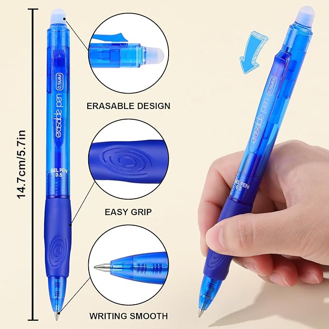 USUAL Retractable Erasable Pens 12 Blue Erasable Gel Pen 0.5mm Erasable Gel Pens Black Make Mistakes Disappear Smooth Writing Pen Office Back-to-School Supplies (Blue)