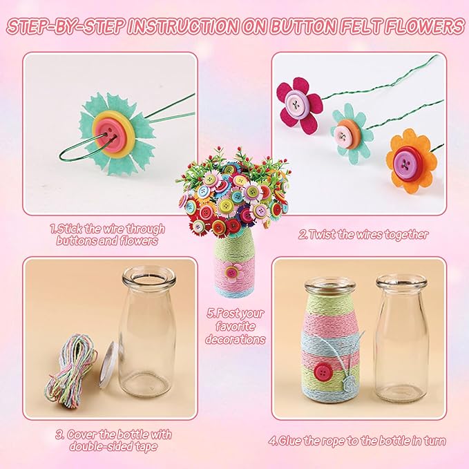 Mostop Poke-in Art Flower Bouquet DIY Craft Kit for Girls Age 4-5 6-7 8-12, Mess-Free Button Felt Flower Making Set, Creative Activity Educational Birthday Gift Toys for 6-8 8-10 Year Old Kids