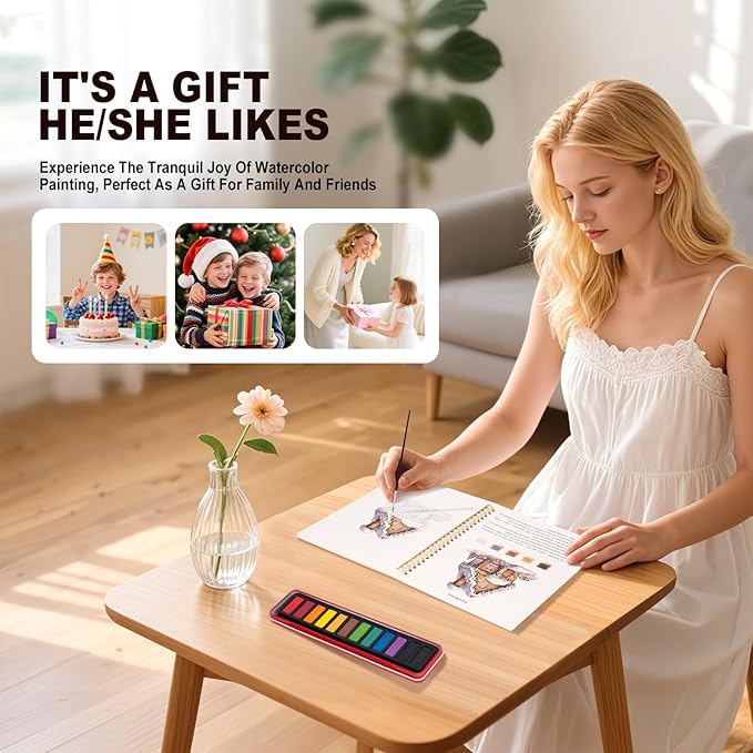 Metyond Beginner Watercolor Workbook Kit - Watercolor Painting Kit with 1 Workbook 12 Colors Paint Set with Brush, Beginner Friendly Watercolor Paint Set Gift for Adults Teens (Winter)