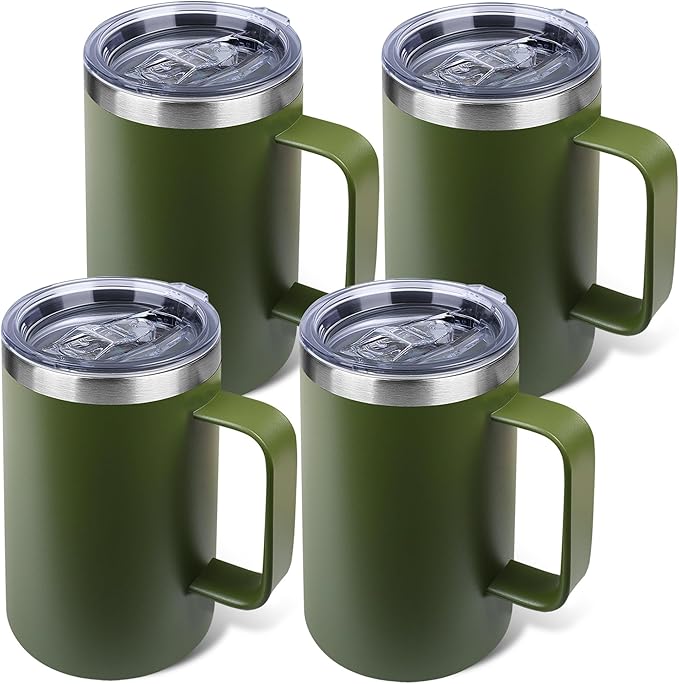 22oz Insulated Coffee Mug with Handle & Leak-Proof Lid - Double Wall Stainless Steel Travel Tumbler Bulk for Commute/Office/Home, Army Green, 4 Pack