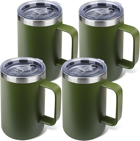22oz Insulated Coffee Mug with Handle & Leak-Proof Lid - Double Wall Stainless Steel Travel Tumbler Bulk for Commute/Office/Home, Army Green, 4 Pack
