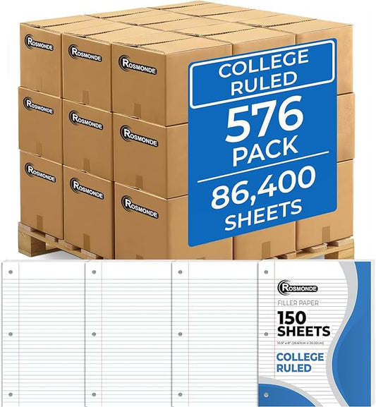 Rosmonde 576 Pack (Pallet) Loose Leaf Paper Bulk, 86400 Sheets, College Ruled, 150 Sheets/Pack, 8 x 10.5", Pallet of Filler Paper, 3 Hole Punched For Ring Binder, School & Office, 4-7 Days Transit