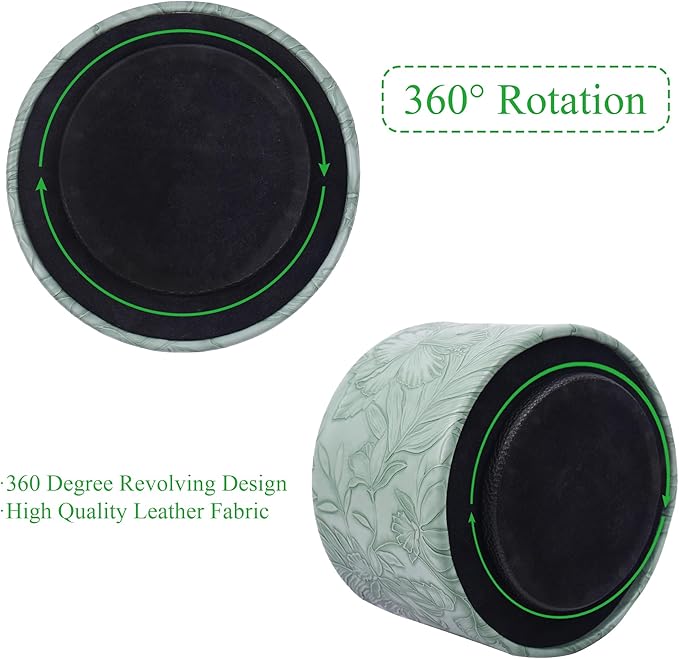 Round Leather Art Supply Organizer,Remote Control Holder,360 Degree Spinning,Multi-Functional Pencil Holder,4 Compartments Desktop Stationary Organizer(1-Carved Dark Green)