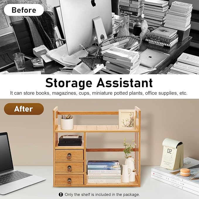 Bamboo Desktop Bookshelf, Organizer Office Desk Storage Display Shelf Rack with 3 Drawers Desk File, Office Counter Top Bookcase for Home School