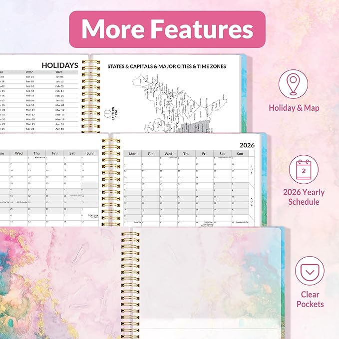 SUNEE 2026 Weekly and Monthly Planner - from January 2026 - December 2026, Daily Agenda Planner with Monthly Tab, Flexible Cover, Note Pages, Pockets, Bookmark, Spiral Binding, Pink Marble, 8.5"x11"