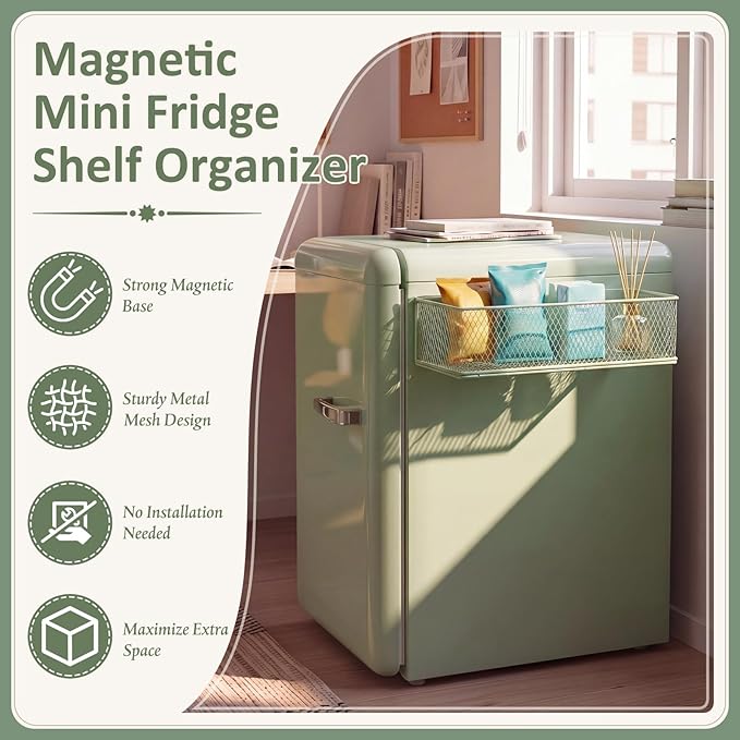 FoldTier 1 Pack Sage Green Magnetic Basket Fridge Organizer, Magnetic Shelf Containers Storage Bin Holder for Kitchen Dorm Locker Refrigerator Classroom Whiteboard Office Table (13.8 x 3.1 x 4.9 Inch)