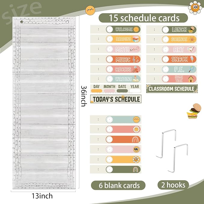 MotiMind Daily Schedule Pocket Chart for Classroom, Calendar Pocket Chart 13+1 Pockets, 21 Reusable Cards for Classroom School 13" x 36" (Bright Color,Retro)