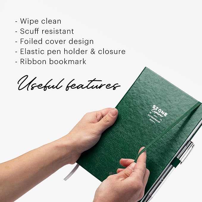 Stone Journal Explorer Notebook – A5 Waterproof Paper Field Journal, Vegan Leather Hardcover, 144 Pages Alternating Ruled & Dot Grid, Back Pocket, Weather-Resistant (Green)