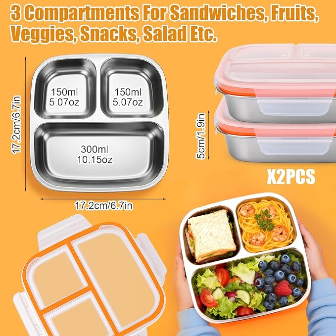 Palksky Lunch Box Containers Stainless Steel, Bento Lunch Box for Adults Men Women, 3-Compartments Metal Food Storage Containers with Leakproof Lids for Travel Picnics Office (2 Packs)