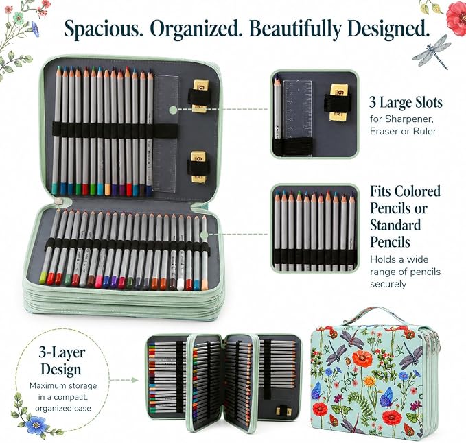 120 Slots Colored Pencil Case Organizer, 3 Layer Bag | Twill Oxford fabric,127 elastic loops,detachable handle,for travel, home storage,drawing tools,creative gifts