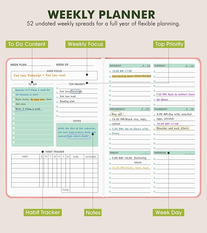 Undated Weekly and Monthly Planner, Hardcover Leather Calendar Blank Planner, Simplified To Do List Notebook with Goal & Habit Tracker Organizer, A5 Daily Weekly Planner for Work School Home, Pink