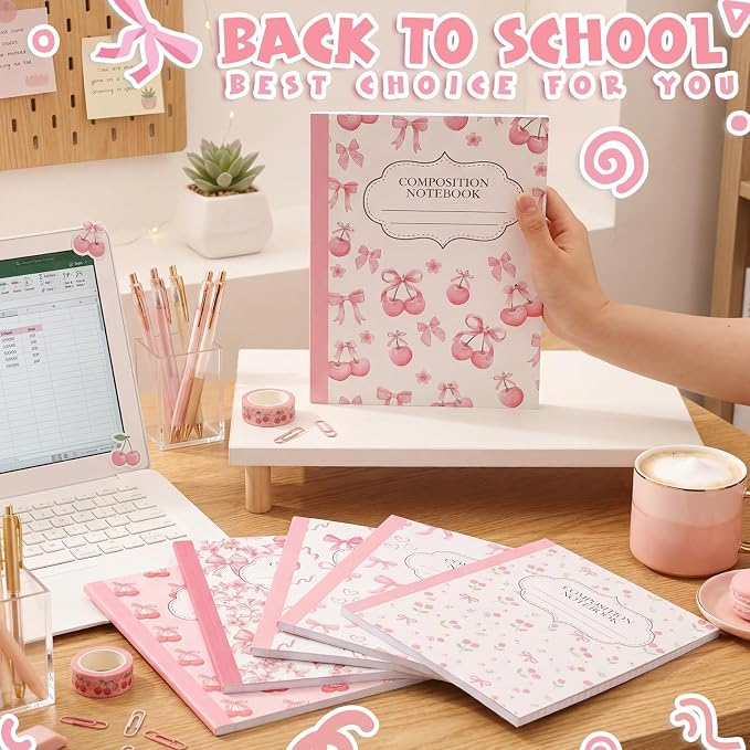 Fullhawl 6 Pack Composition Notebook College Ruled Bulk Pink Bow Composition Notebook Preppy Aesthetic for Back to School Supplies 110 Pages 9-3/4 x 7-1/2" Cute Cherry Journal for First Day of School