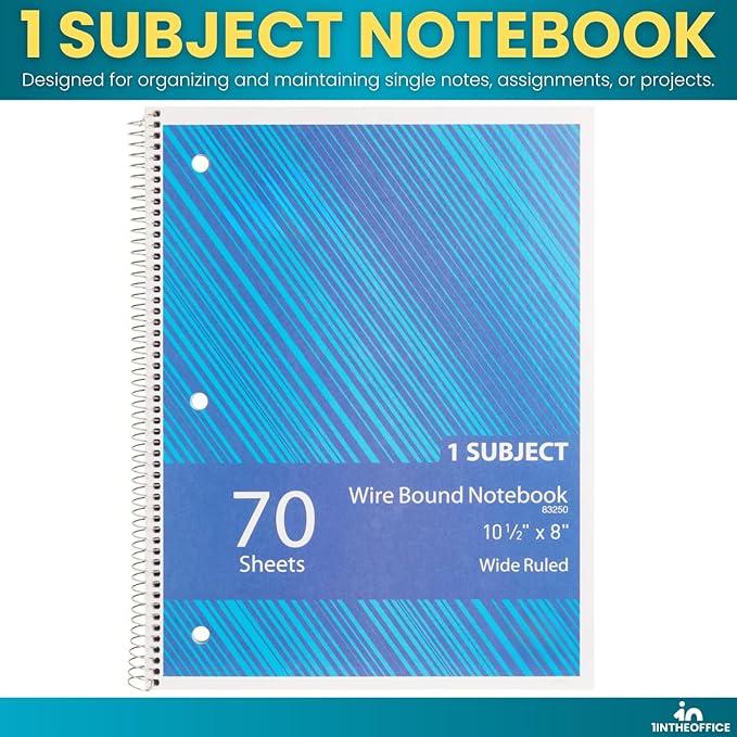 1InTheOffice Spiral Notebook College Ruled 10.5 x 7.5, 1-Subject College Ruled Notebooks, Wirebound Spiral Notebooks, 3-Hole Punched, 70 Sheets, Assorted Colors, 8 Pack
