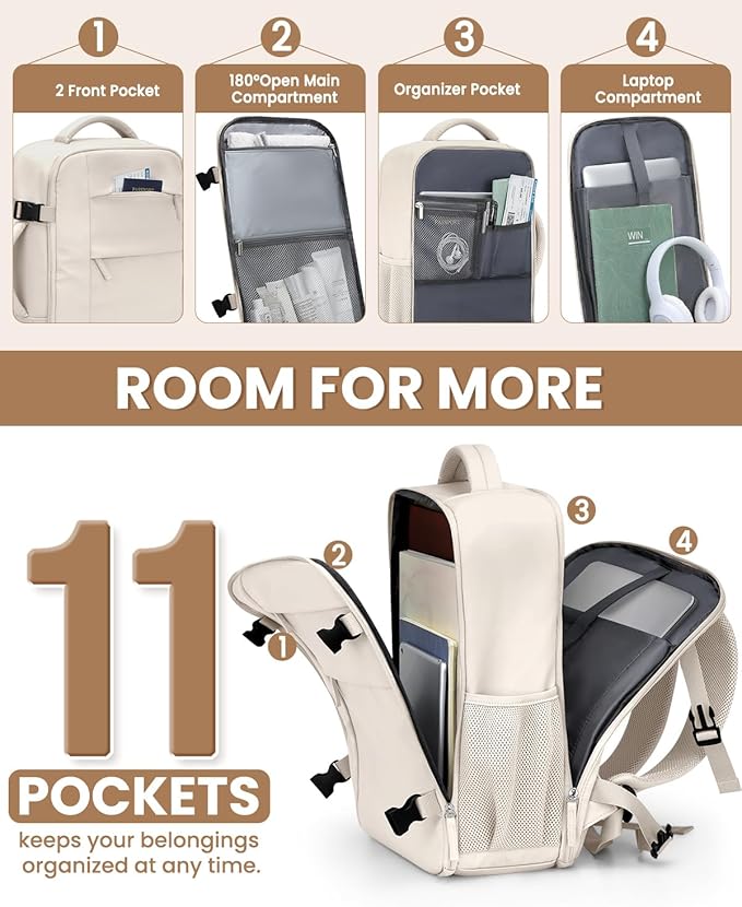 Pritent Travel Backpack for Women Man, Waterproof Laptop Backpack Travel Bag Airline Approved Carry on Weekender Overnight Bag Bookbag for Business,Travel, Work Fits 17.3 inch Laptop(Large,Beige)