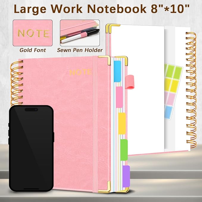 Hardcover Spiral Notebooks for Work 8''x 10'', 300 Pages 5 Subject Notebook with Dividers & Tabs, B5 Spiral Journal for Women, College Ruled Notebooks for School Note-Taking (Pink)