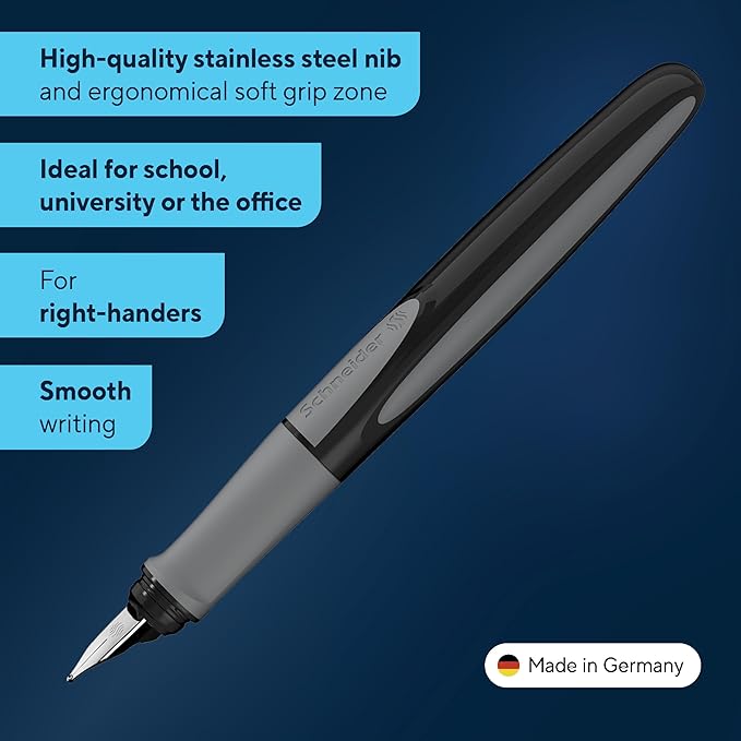 Schneider Ray Fountain Pen M (Medium), Refillable, Onyx Barrel, Royal Blue Erasable Ink Cartridge, Pack of 1 Pen (168207)