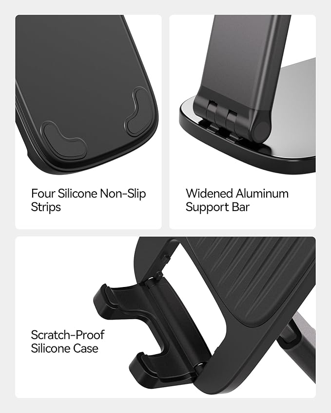 2 Pack Cell Phone Stand for Desk, iPad Stand [Height Adjustable & Upgraded Stable Base] Foldable & Non-Slip Silicone Pad Phone Holder, iPhone Stand for All Smartphones, iPad | Office Desk Accessories