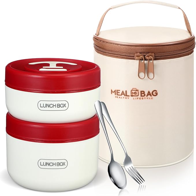 Dandat 2 Pcs Portable Insulated Lunch Containers Thermal Bento Box with Bag Fork Knife Microwavable Stainless Steel Lunch Box 15.2 oz 21 oz Separate Stackable Food Jar for Adult Men Women(Red)