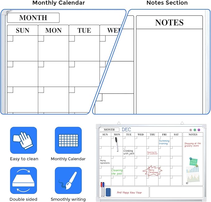 MaxGear Double Sided Magnetic Dry Erase Board Calendar, 36" x 24" Monthly Whiteboard for Wall, Aluminum Framed Reversible White Board with Notes Section, Markers, Magnets & Eraser for Home Office