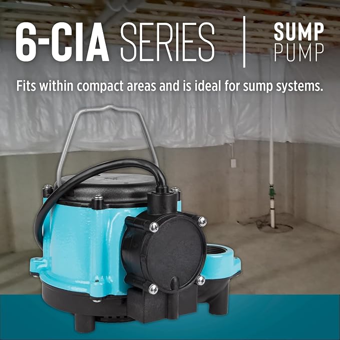 Little Giant 1/3 HP Cast Iron Submersible Sump Pump, Blue | Automatic Integral Diaphragm Float Switch, 2760 GPH, Cast Iron Housing, Polypropylene Base, 10-Foot Cord, 115V, Model 6-CIA