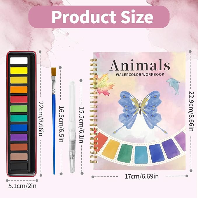 Watercolor Workbook, Watercolor Coloring Book Beginner Friendly Painting kit for Adults, 12 Colors Water Color Paint with Palette & 2 Brush, Exploration Gift (Animals)