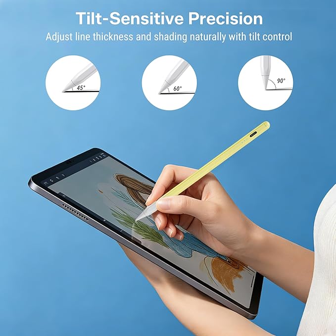 Stylus Pen for iPad 2018-2026, 2X Fast Charge Active Pencil with Tilt Sensitivity & Palm Rejection, iPad 11/10/9/8/7/6/A16, Air M4/M3/M2, Pro M5/M4, Mini 7/6/5 (Yellow)