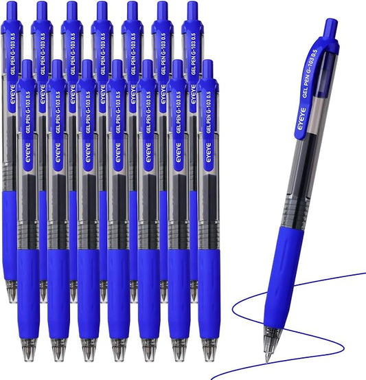 EYEYE G-103 Blue Gel Pens 15 Pack, Retractable, 0.5mm Extra Fine Point | Quick Drying, Ballpoint Pen Fine Point Smooth Writing Pens for Office Supplies, Black to School