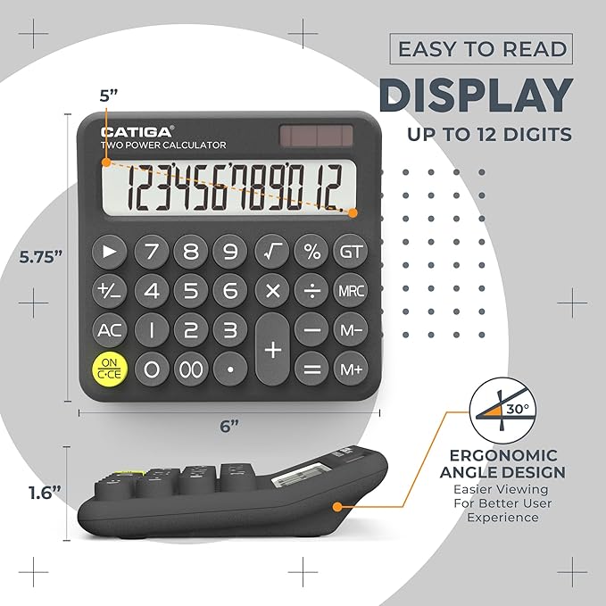 CATIGA Mechanical Switch Calculator with Solar and Battery Dual Power, 12-Digit Large LCD Display, Aesthetic and Cute Desktop Calculator with Big Button, for Home, School and Office Use, SD-1299