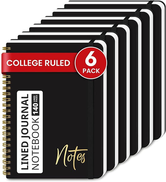ZOTIA Lined Spiral Journal Notebook for Women, 6 Pack, A5 College Ruled Journals for Writing, Hardcover Notebooks for Work, Note taking and Office School Supplies,140 Pages, 6 Pcs - Black