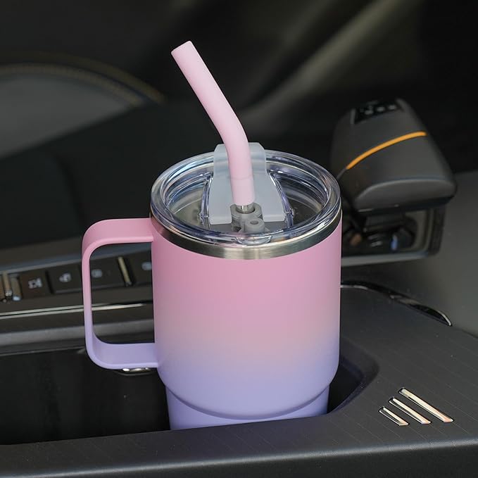 Sursip Insulated Coffee Mug with Handle and Lid, 24 oz Double Wall Vacuum Travel Thermal Coffee Tumbler with Straw for Home, Office Stainless Steel Coffee Cup - Leak proof (Pink＆Purple)