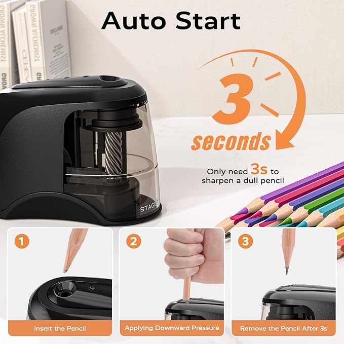 STAGEEK Electric Pencil Sharpener, Plug in or USB/Battery Operated. Fits No.2 and Colored Pencils (6-8mm). Great for School, Classroom, Office and Home(Black)