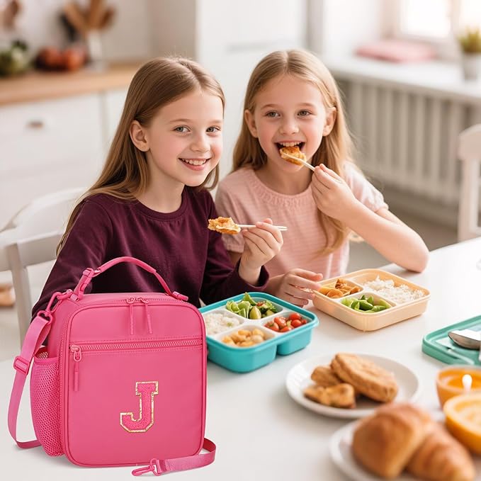 Initial Insulated Lunch Bag for Girls Kids, Back to School Gift, Reusable Leak-proof Lunch Box with Adjustable Strap for School Daycare Travel Picnic (Rosy Red,J)