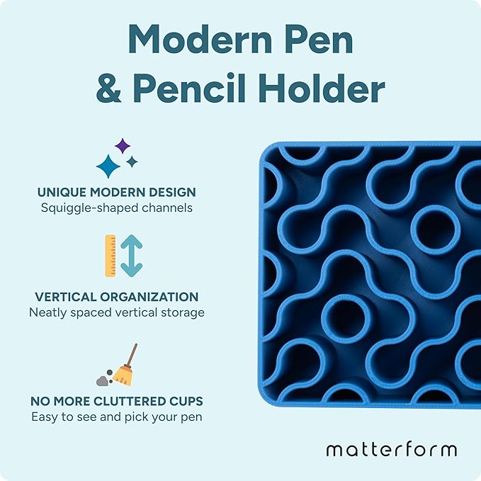 Modern Desk Pen & Pencil Holder Organizer | Unique Squiggle Design, Matte Finish, Non-Slip Rubber Feet | Stylish Office Desk Accessory & Storage for Home, Work, Classroom (Matte Blue)