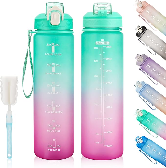 YC Kitchen Motivational Water Bottle with Time Marker- 32oz Water Bottles with Times to Drink, Leakproof & BPA Free Sports Water Bottle with Straw & Carry Strap for Fitness, Gym, and Outdoor Sports