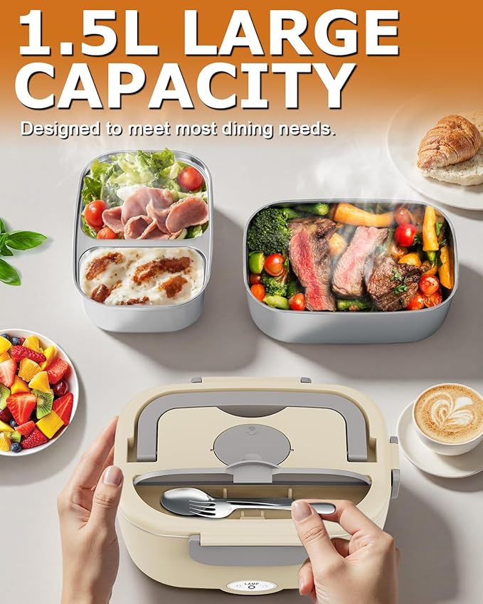 Geveniss Electric Lunch Box for Adults, Heated Lunch Box for Car and Truck, Portable Food Warmer for Office Work, 80W Fast Heating, Dual Removable 1.5L Stainless Steel Containers