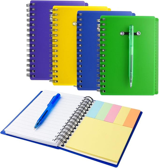 Coopay 4 Pieces Spiral Notebook Steno Pocket Notepad with Pen in Holder and Sticky Notes, Page Marker Index Tabs Flags Making Plans Writing Memos Office School Supplies (Yellow, Blue, Purple, Green)