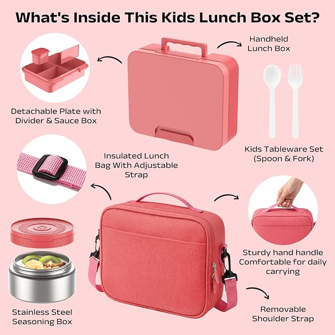 Bento Lunch Box Set for Kids with 8.5oz Hot Food Jar Leak-Proof Lunch Food Container with Insulated Lunch Bag for Toddlers Girls Boys Teens to School, Office, Picnic, Camping, Travel - Pink
