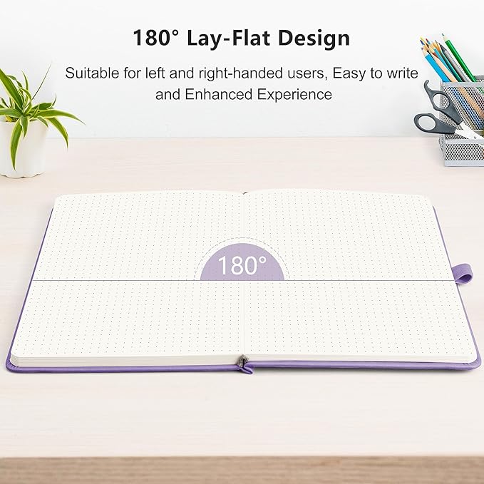 RETTACY Dotted Journal Notebook, 320 Numbered Pages, A5 Medium Size (5.7'' × 8.3''), Leather Hardcover, 100 GSM Thick Paper, for Journaling, Planning, Tracking (Purple)