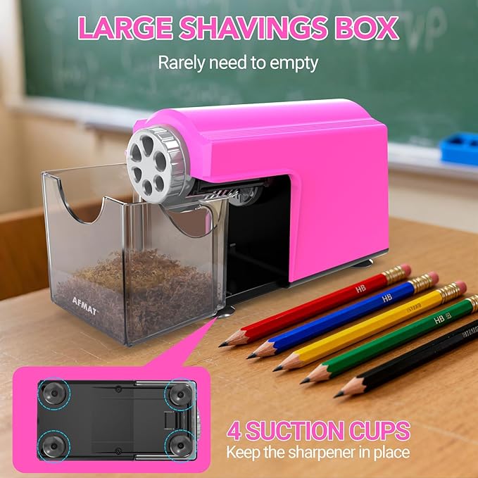 AFMAT Electric Pencil Sharpener for Classroom, 6 Holes, Cordless & Rechargeable, Super Fast, Auto Stop, 10K+ Uses, Heavy Duty Pencil Sharpener for 6-11mm No.2/Large/Colored Pencils PSD4(Pink)