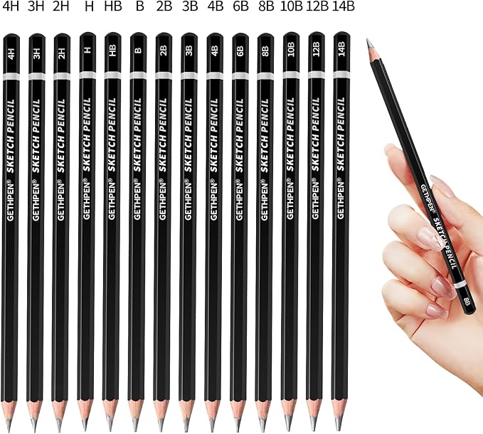GETHPEN Professional Drawing Sketching Pencil Set - 14 Pieces Graphite Pencils(14B - 4H), Ideal for Drawing Art, Sketching, Shading, Artist Pencils for Beginners & Pro Artists