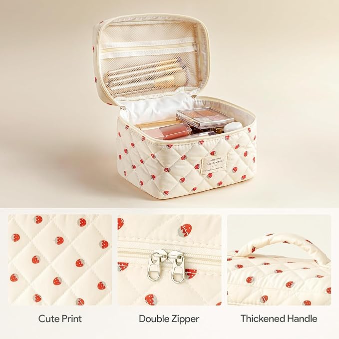 HBselect Quilted Makeup Bag, 3Pcs Cotton Large Travel Makeup Bags Organizer | Cute Floral Make up Bag Cosmetic Bag Toiletry Bag for Women Girls, Makeup Pouch for Skincare, Brushes & Travel Essentials