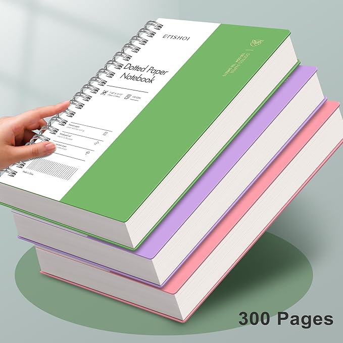 EMSHOI Dotted Journal Spiral Notebook, 300 Pages, B5 Large 7.48"x10.15", 100 GSM Thick Paper, Flexible Plastic Cover, 5mm Dot Grid Notebook for Journaling, Planning, Drawing, Writing, Green