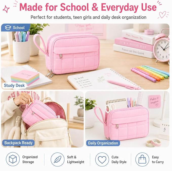 Puffer Quilted Pencil Pouch for Women, Large Capacity Organizer Bag with Multiple Compartments, Cute Aesthetic Pencil Case for Office, Travel & Daily Essentials(pink)