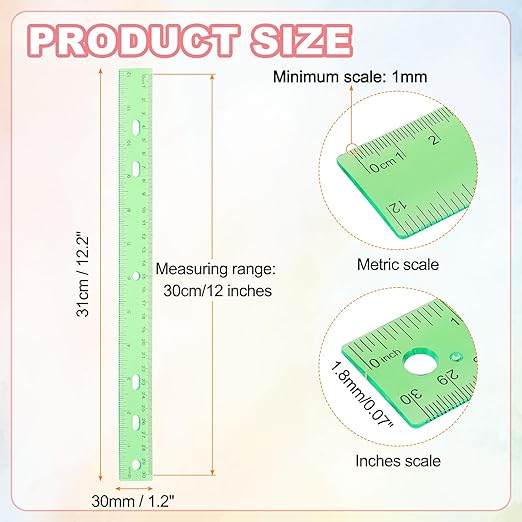 HARFINGTON 5pcs Plastic Rulers 12" (30cm) Clear Straight Ruler Measuring Tool Inches and Centimeters with Hole for Home Office Classrooms Drafting, Clear Green