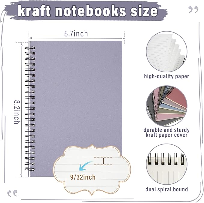 Fuutreo 12 Pcs Spiral Notebook for Work A5 8.3 x 5.7 Inch College Ruled Spiral Journal Notebook Kraft Cover Ruled Paper, 12 Color, 60 Sheets, 120 Pages for Office School(Taro Color)